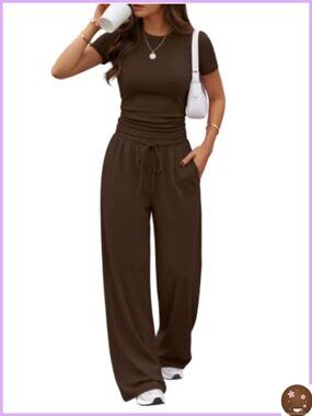 Women's 2 Piece Lounge Set Wide Leg Pants Drawstring Pockets